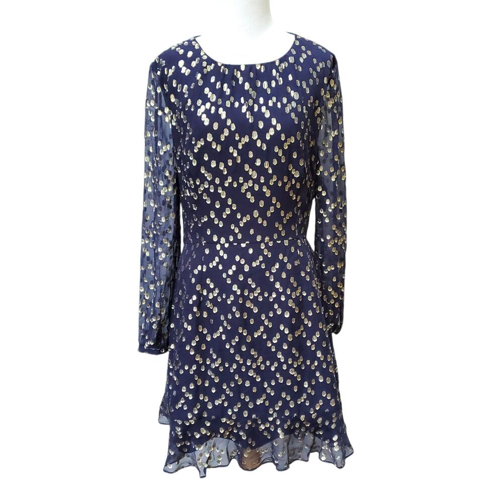 Anthropologie Hutch Blue Gold Dot Open Back Long Sleeve Cocktail Sheath Dress 10